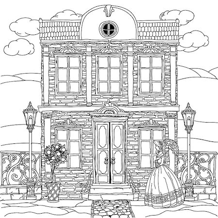 Contoured Black and white victorian house with a strolling woman in crinoline with vintage umbrella. for adult coloring book or for zen art therapy drawing. Hand-drawn, vector, for coloring, posters Stock Photo - Budget Royalty-Free & Subscription, Code: 400-08677180