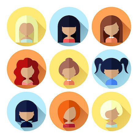 Colorful Avatars Female Circle Icons Set in Flat Style with Long Shadow Stock Photo - Budget Royalty-Free & Subscription, Code: 400-08677421