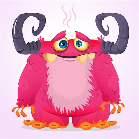 simsearch:400-07332399,k - Happy cartoon pink monster. Halloween vector furry monster with two horns isolated Stock Photo - Budget Royalty-Free & Subscription, Code: 400-08678000