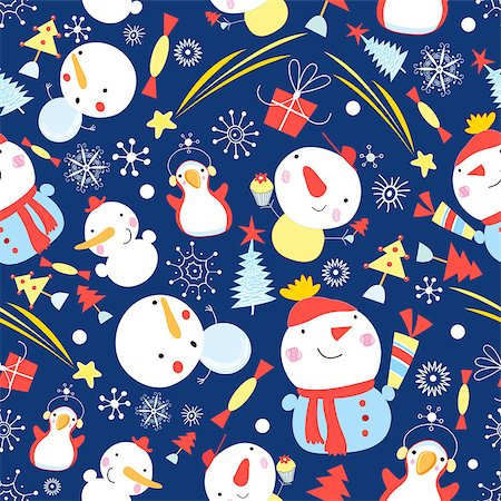 simsearch:400-05724880,k - New pattern of snowmen and snowflakes on a blue background Photographie de stock - Aubaine LD & Abonnement, Code: 400-08678065