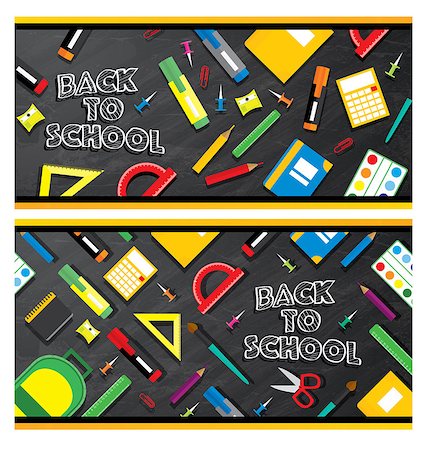 simsearch:400-04777232,k - Set of back to school banners. School supplies on blackboard background. Vector illustration. Foto de stock - Royalty-Free Super Valor e Assinatura, Número: 400-08678095