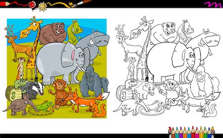 simsearch:400-09049299,k - Black and White Cartoon Illustration of Wild Animal Characters Coloring Page Stock Photo - Budget Royalty-Free & Subscription, Code: 400-08678111