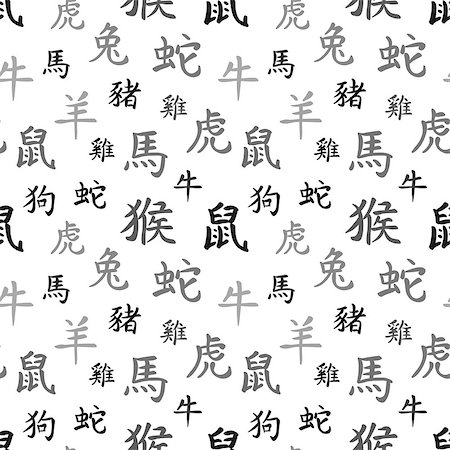 Chinese zodiac symbols, black hieroglyphs on white, seamless pattern Stock Photo - Budget Royalty-Free & Subscription, Code: 400-08678310