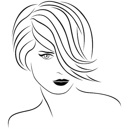 Attractive young beautiful woman portrait with stylish short hairstyle. The hair covers almost half face. Vector outline Stock Photo - Budget Royalty-Free & Subscription, Code: 400-08678660