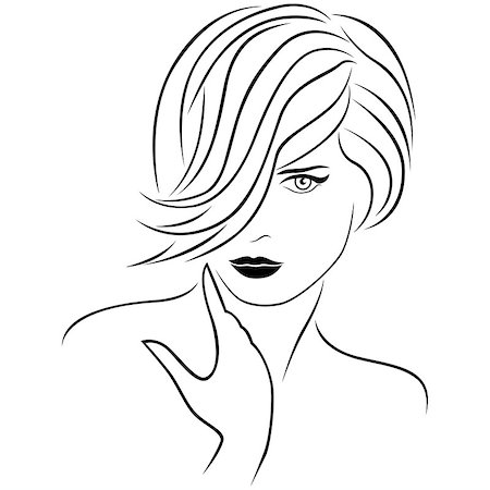 Attractive young beautiful lady portrait with stylish short forelock hairstyle. The hair covers almost half face. Vector outline Stock Photo - Budget Royalty-Free & Subscription, Code: 400-08678661