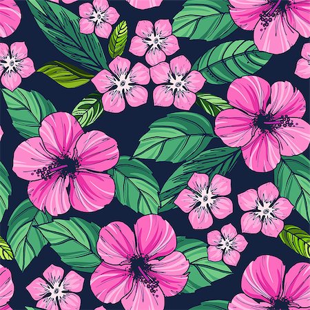 Tropical seamless pattern with exotic plants and hibiscus flowers. Vector illustration. Foto de stock - Super Valor sin royalties y Suscripción, Código: 400-08678811