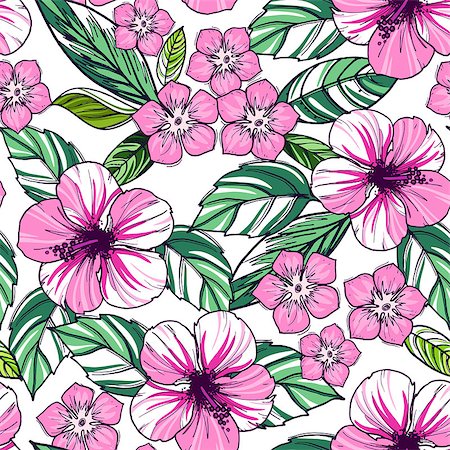 Summer colorful hawaiian seamless pattern with tropical plants and hibiscus flowers, vector illustration Stock Photo - Budget Royalty-Free & Subscription, Code: 400-08678812