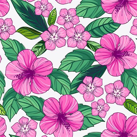 Summer colorful hawaiian seamless pattern with tropical plants and hibiscus flowers, vector illustration Stock Photo - Budget Royalty-Free & Subscription, Code: 400-08678813