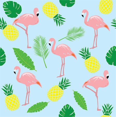 vector illustration of flamingos seamless background with pineapples and palm tree branches Foto de stock - Super Valor sin royalties y Suscripción, Código: 400-08678924