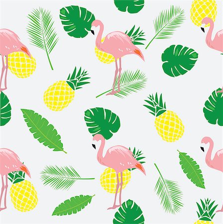 vector illustration of flamingos seamless background with pineapples and palm tree branches Stock Photo - Budget Royalty-Free & Subscription, Code: 400-08678925