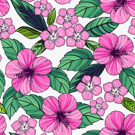 simsearch:400-08754428,k - Tropical seamless pattern with exotic plants and hibiscus flowers. Vector illustration. Stock Photo - Budget Royalty-Free & Subscription, Code: 400-08678957