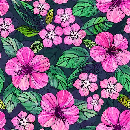 simsearch:400-08754428,k - Summer colorful hawaiian seamless pattern with tropical plants and hibiscus flowers, vector illustration Stock Photo - Budget Royalty-Free & Subscription, Code: 400-08678958