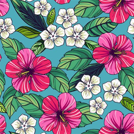 simsearch:400-08754428,k - Tropical seamless pattern with exotic plants and hibiscus flowers. Vector illustration. Stock Photo - Budget Royalty-Free & Subscription, Code: 400-08678961