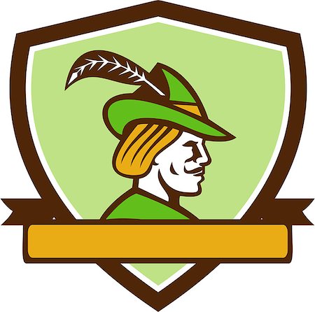 robin hood - Illustration of a Robin Hood wearing medieval hat with a pointed brim and feather viewed from side set inside shield crest with ribbonon isolated background done in retro style. Stock Photo - Budget Royalty-Free & Subscription, Code: 400-08679104