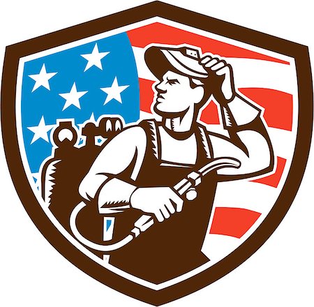 Illustration of a welder rod-holder with cable and electrode for electric arc welding and welder visor mask looking to the side with usa american stars and stripes flag in the background set inside shield crest done in retro style. Stock Photo - Budget Royalty-Free & Subscription, Code: 400-08679106