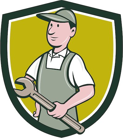 simsearch:400-08626391,k - Illustration of a repairman handyman worker wearing hat and overalls holding spanner wrench looking to the side viewed from front set inside shield crest done in cartoon style. Photographie de stock - Aubaine LD & Abonnement, Code: 400-08679115