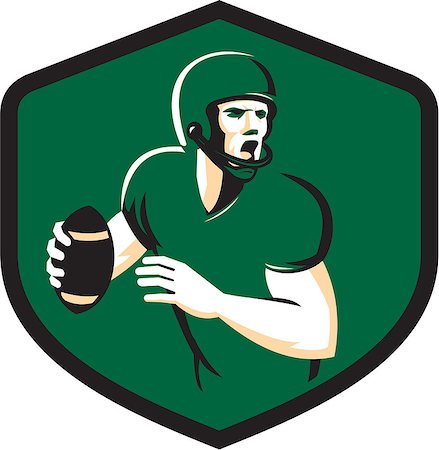 simsearch:400-07835465,k - Illustration of an american football gridiron quarterback player holding ball shouting facing side set inside crest shield on isolated background done in retro style. Stock Photo - Budget Royalty-Free & Subscription, Code: 400-08679118
