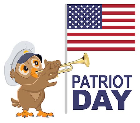 Patriot Day USA. Owl bugler in white cap plays horn. Vector cartoon illustration Photographie de stock - Aubaine LD & Abonnement, Code: 400-08679211