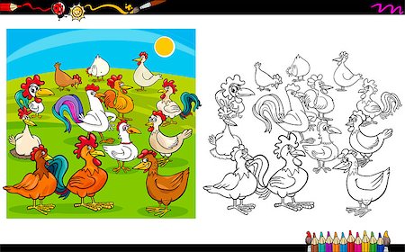 simsearch:400-08679319,k - Cartoon Illustration of Chicken Characters Coloring Book Activity Photographie de stock - Aubaine LD & Abonnement, Code: 400-08679315