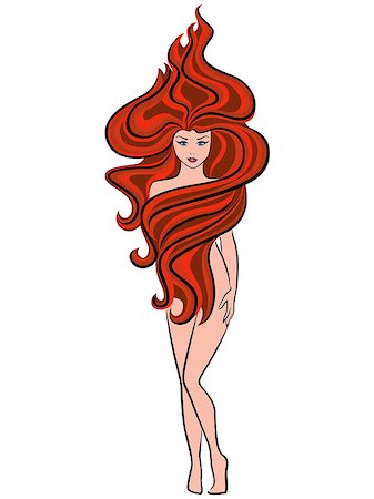drawing girls body - Abstract naked beautiful woman posing with extraordinary hairstyle of fiery red wavy hair isolated on the white background, vector illustration Stock Photo - Budget Royalty-Free & Subscription, Code: 400-08679353