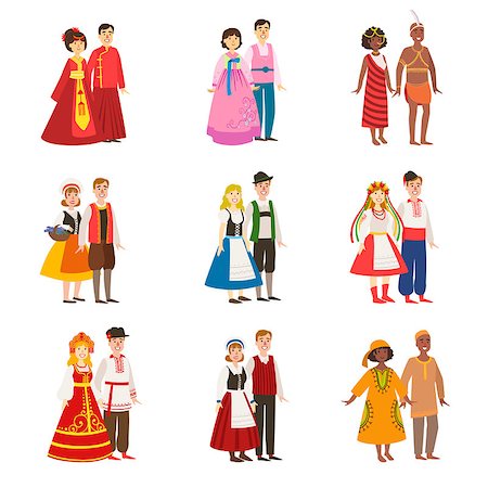 Couples Wearing National Costumes Set Of Simple Design Illustrations In Cute Fun Cartoon Style Isolated On White Background Stock Photo - Budget Royalty-Free & Subscription, Code: 400-08679416