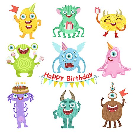 eyes birthday cake - Sweet Monsters Happy With Birthday Party Objects Cute Childish Stickers. Flat Cartoon Colorful Alien Characters Isolated On White Background. Stock Photo - Budget Royalty-Free & Subscription, Code: 400-08679418
