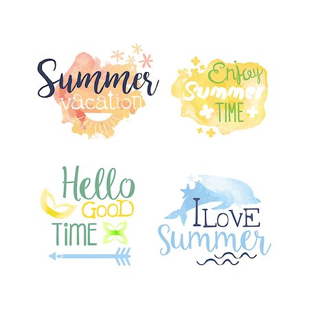 Summer Beach Vacation Promo Signs Colorful Set Of Watercolor Stylized Logo With Text On White Background Stock Photo - Budget Royalty-Free & Subscription, Code: 400-08679421