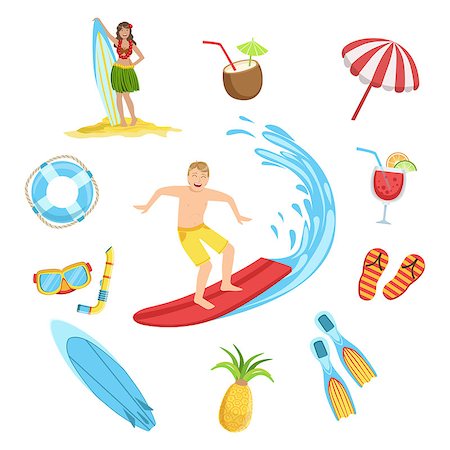 Beach And Surfing Holidays Bright Color Cartoon Simple Style Flat Vector Set Of Stickers Isolated On White Background Stock Photo - Budget Royalty-Free & Subscription, Code: 400-08679436