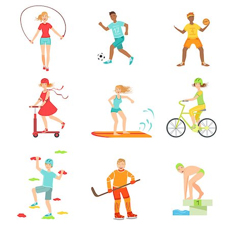 sports scooters - People Enjoying Physical Activities Illustrations Isolated On White Background. Simplified Cartoon Characters Set Foto de stock - Super Valor sin royalties y Suscripción, Código: 400-08679438