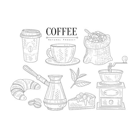 Coffee Related Object And Food Set Hand Drawn Realistic Detailed Sketch In Classy Simple Pencil Style On White Background Stock Photo - Budget Royalty-Free & Subscription, Code: 400-08679455