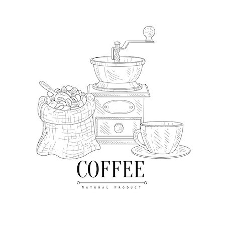 simsearch:400-08776897,k - Coffee Mill, Cup and Sack Of Beans Hand Drawn Realistic Detailed Sketch In Classy Simple Pencil Style On White Background Stockbilder - Microstock & Abonnement, Bildnummer: 400-08679456