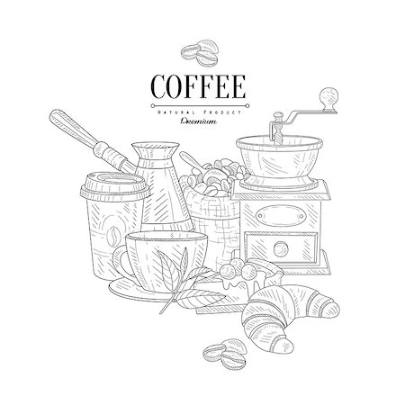 simsearch:400-08654097,k - Coffee Breakfast Still Life Hand Drawn Realistic Detailed Sketch In Classy Simple Pencil Style On White Background Stockbilder - Microstock & Abonnement, Bildnummer: 400-08679457