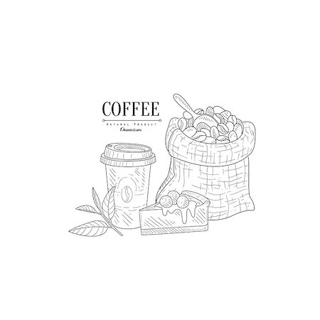 simsearch:400-08654097,k - Coffee Cup To Go, Cheesecake And Bag With Beans Hand Drawn Realistic Detailed Sketch In Classy Simple Pencil Style On White Background Stockbilder - Microstock & Abonnement, Bildnummer: 400-08679458
