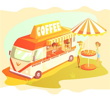 Coffee Shop Cafe In Mini Bus On Sunny Day With Outdoors Table Cool Colorful Vector Illustration In Stylized Geometric Cartoon Design Stock Photo - Budget Royalty-Free & Subscription, Code: 400-08679472