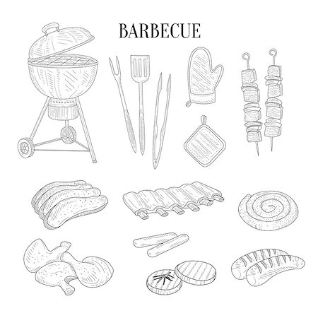 Barbecue Related Isolated Items And Food Hand Drawn Realistic Detailed Sketch In Classy Simple Pencil Style On White Background Stock Photo - Budget Royalty-Free & Subscription, Code: 400-08679489
