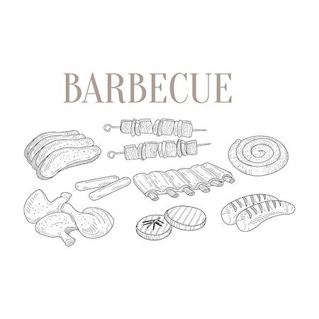 Meat For Barbecue Isolated Hand Drawn Realistic Detailed Sketch In Classy Simple Pencil Style On White Background Stock Photo - Budget Royalty-Free & Subscription, Code: 400-08679490