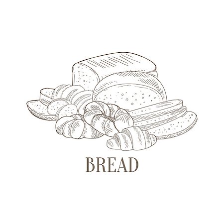 simsearch:400-08654097,k - Bread And Pastry Still Life Hand Drawn Realistic Detailed Sketch In Classy Simple Pencil Style On White Background Foto de stock - Super Valor sin royalties y Suscripción, Código: 400-08679493