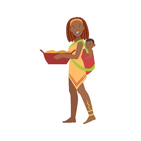 Woman With The Baby On The Back From African Native Tribe Simplified Cartoon Style Flat Vector Illustration Isolated On White Background Stock Photo - Budget Royalty-Free & Subscription, Code: 400-08679511