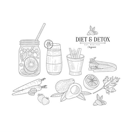 Fruit And Vegetables Diet Hand Drawn Realistic Detailed Sketch In Classy Simple Pencil Style On White Background Stock Photo - Budget Royalty-Free & Subscription, Code: 400-08679544