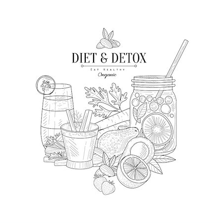 simsearch:400-08654097,k - Detox And Diet Fresh Food And Drink Hand Drawn Realistic Detailed Sketch In Classy Simple Pencil Style On White Background Stockbilder - Microstock & Abonnement, Bildnummer: 400-08679546