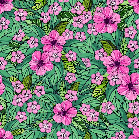 Summer colorful hawaiian seamless pattern with tropical plants and hibiscus flowers, vector illustration Foto de stock - Super Valor sin royalties y Suscripción, Código: 400-08679954