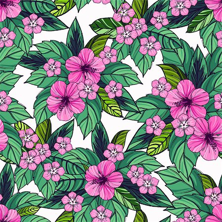 simsearch:400-08754428,k - Tropical seamless pattern with exotic plants and hibiscus flowers. Vector illustration. Stock Photo - Budget Royalty-Free & Subscription, Code: 400-08679951