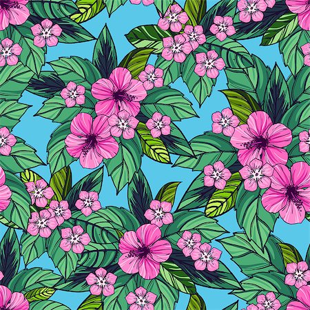 simsearch:400-08754428,k - Summer colorful hawaiian seamless pattern with tropical plants and hibiscus flowers, vector illustration Stock Photo - Budget Royalty-Free & Subscription, Code: 400-08679952