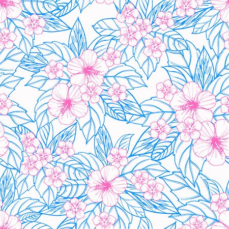 Summer colorful hawaiian seamless pattern with tropical plants and hibiscus flowers, vector illustration Stock Photo - Budget Royalty-Free & Subscription, Code: 400-08679953