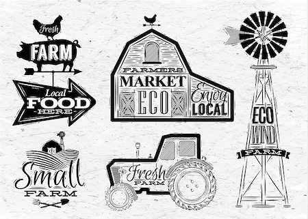 Farm characters in vintage style lettering in tractor barn and the mill and the sign field stylized drawing Stock Photo - Budget Royalty-Free & Subscription, Code: 400-08670033