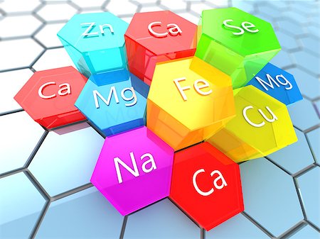 abstract 3d illustration of nutrition minerals labels over colorful hexagons Stock Photo - Budget Royalty-Free & Subscription, Code: 400-08670233