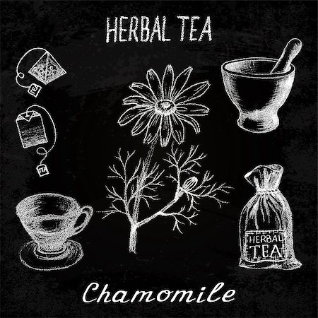 Chamomile herbal tea. Chalk board set of vector elements on the basis hand pencil drawings. Herb chamomile, tea bag, mortar and pestle, textile bag, cup. For labeling, packaging, printed products Photographie de stock - Aubaine LD & Abonnement, Code: 400-08670339
