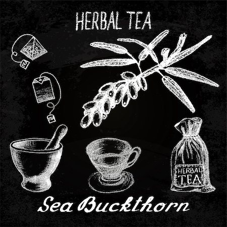 Sea buckthorn herbal tea. Chalk board set of vector elements on the basis hand pencil drawings. Sea buckthorn, tea bag, mortar and pestle, textile bag, cup. For labeling, packaging, printed products Photographie de stock - Aubaine LD & Abonnement, Code: 400-08670342