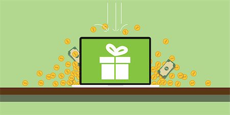 bonus wih gift box on the screen of the laptop and gold coins money falling from the sky vector illustration Stock Photo - Budget Royalty-Free & Subscription, Code: 400-08670477
