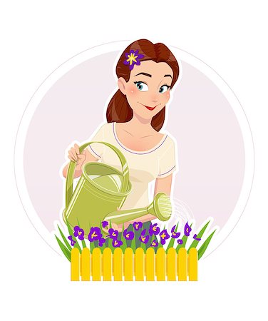 Gardening. Beautiful girl watering flower. Vector illustration, Eps10 Isolated white background. Housewife watering flower. Woman with watering can. Gardening hobbies. Blooming flowers. Watering . Stock Photo - Budget Royalty-Free & Subscription, Code: 400-08670711